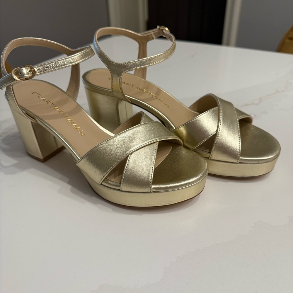 Stuart Weitzman 80mm Metallic Gold Dayna Platform Sandals